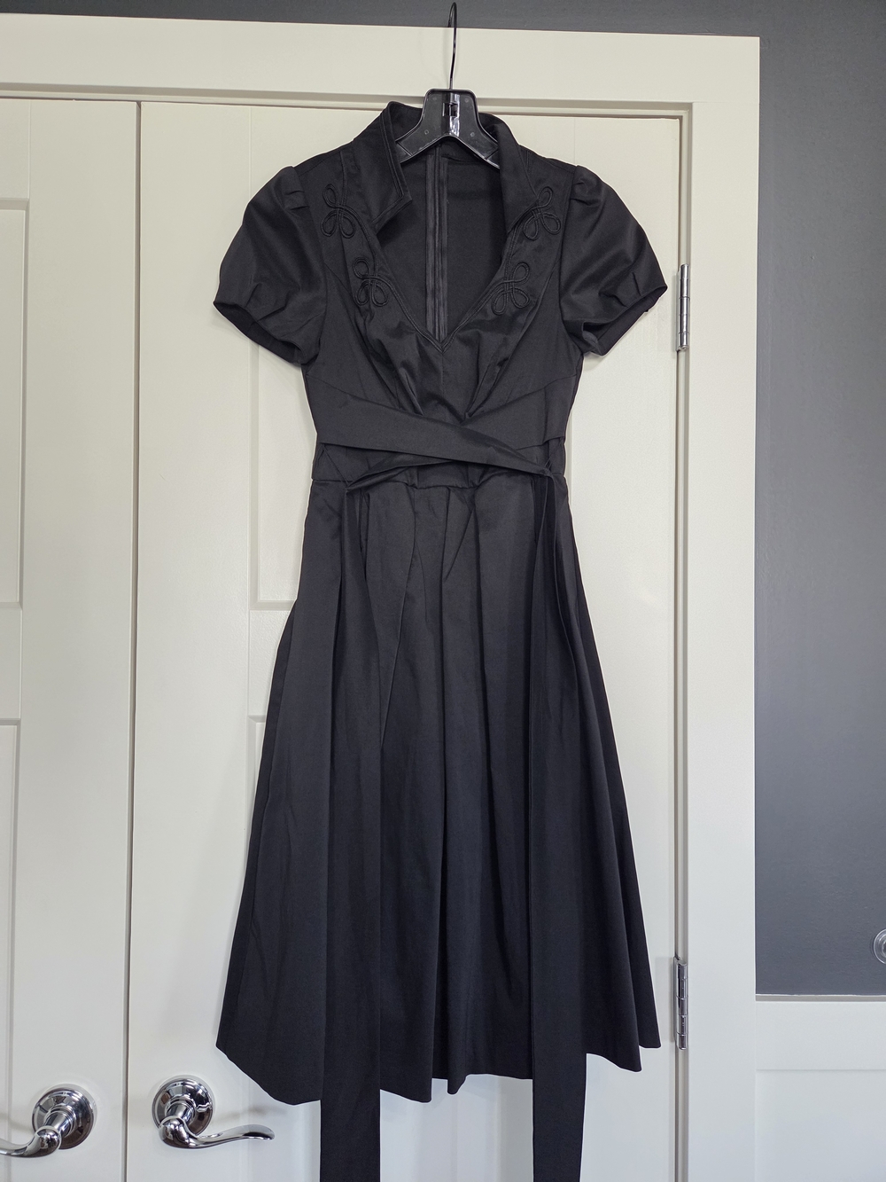 le chateau Black Midi Fit-and-Flare Dress with V-Neck